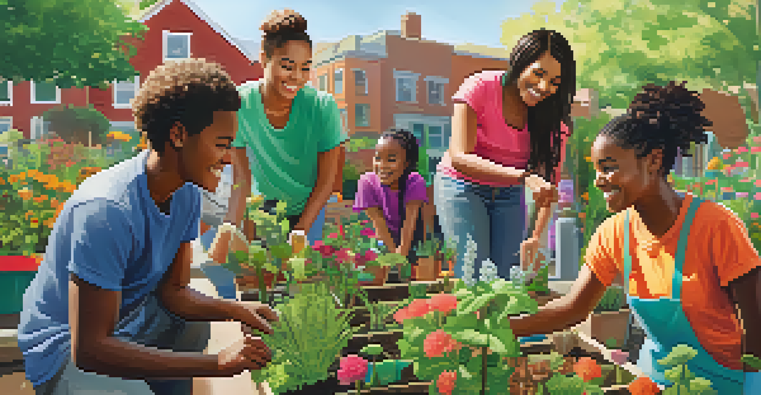 Diverse young people working together in a community garden, arranging plants and using colorful gardening tools.