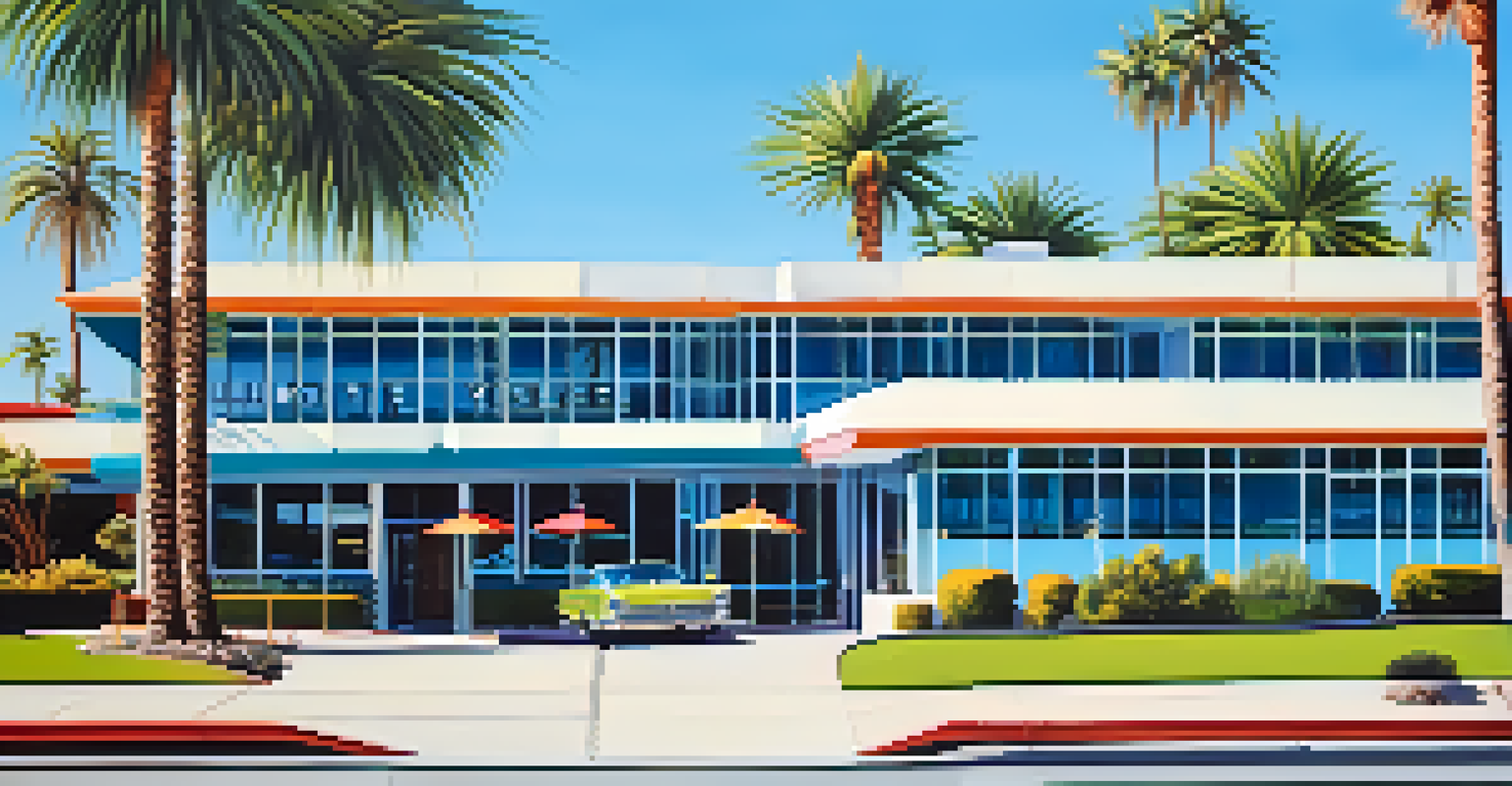 An exterior view of the Valley Ho Hotel, featuring mid-century modern architecture and colorful design elements surrounded by palm trees.