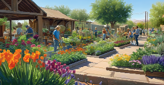A community garden in Scottsdale with diverse plants and people of various ages gardening together in sunlight.