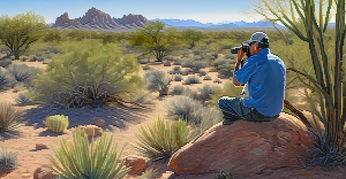 A birdwatcher in Scottsdale's McDowell Sonoran Preserve, observing a Gambel's quail in a serene desert landscape.