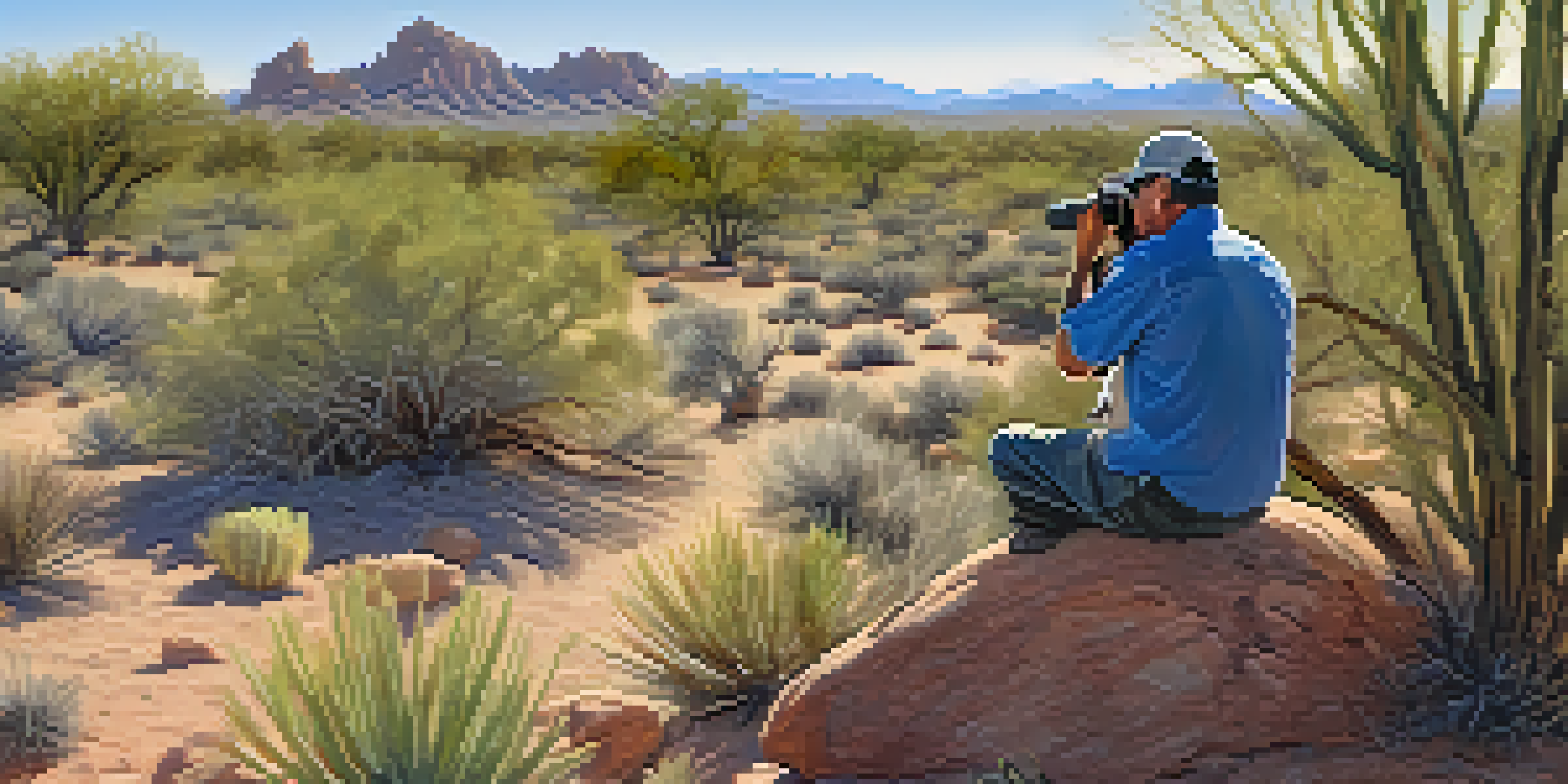 A birdwatcher in Scottsdale's McDowell Sonoran Preserve, observing a Gambel's quail in a serene desert landscape.
