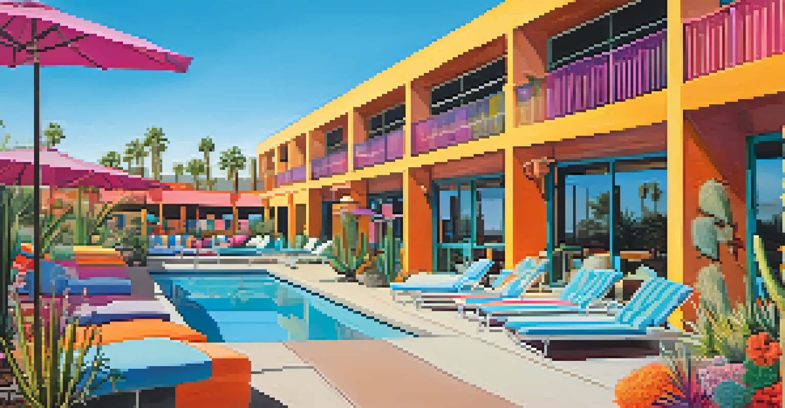 A colorful hotel exterior with a lively pool area surrounded by vibrant decor and desert flowers.
