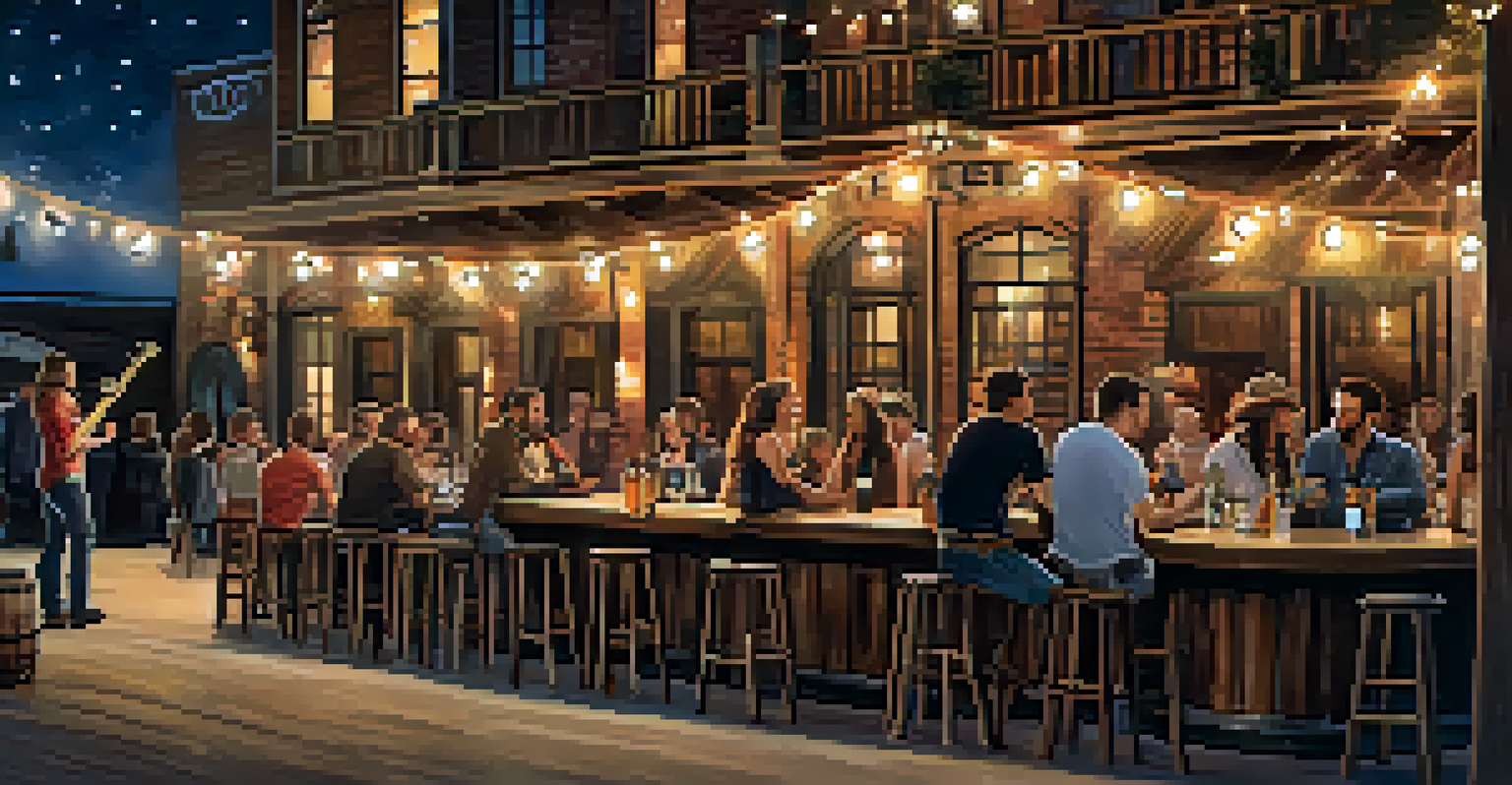 A cozy outdoor patio at a country-themed bar with rustic decor and patrons enjoying drinks under the stars.