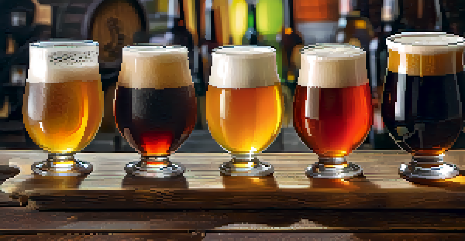 A close-up of a craft beer flight showcasing colorful beers in small glasses on a wooden table, with hops and barley in the background.