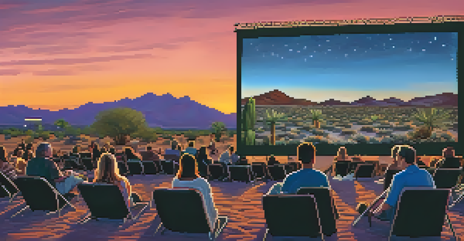 A cozy film festival scene with an outdoor screen and audience enjoying a movie under the stars in Scottsdale.