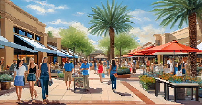 A vibrant outdoor shopping area with people browsing luxury stores, surrounded by greenery and sunny skies.