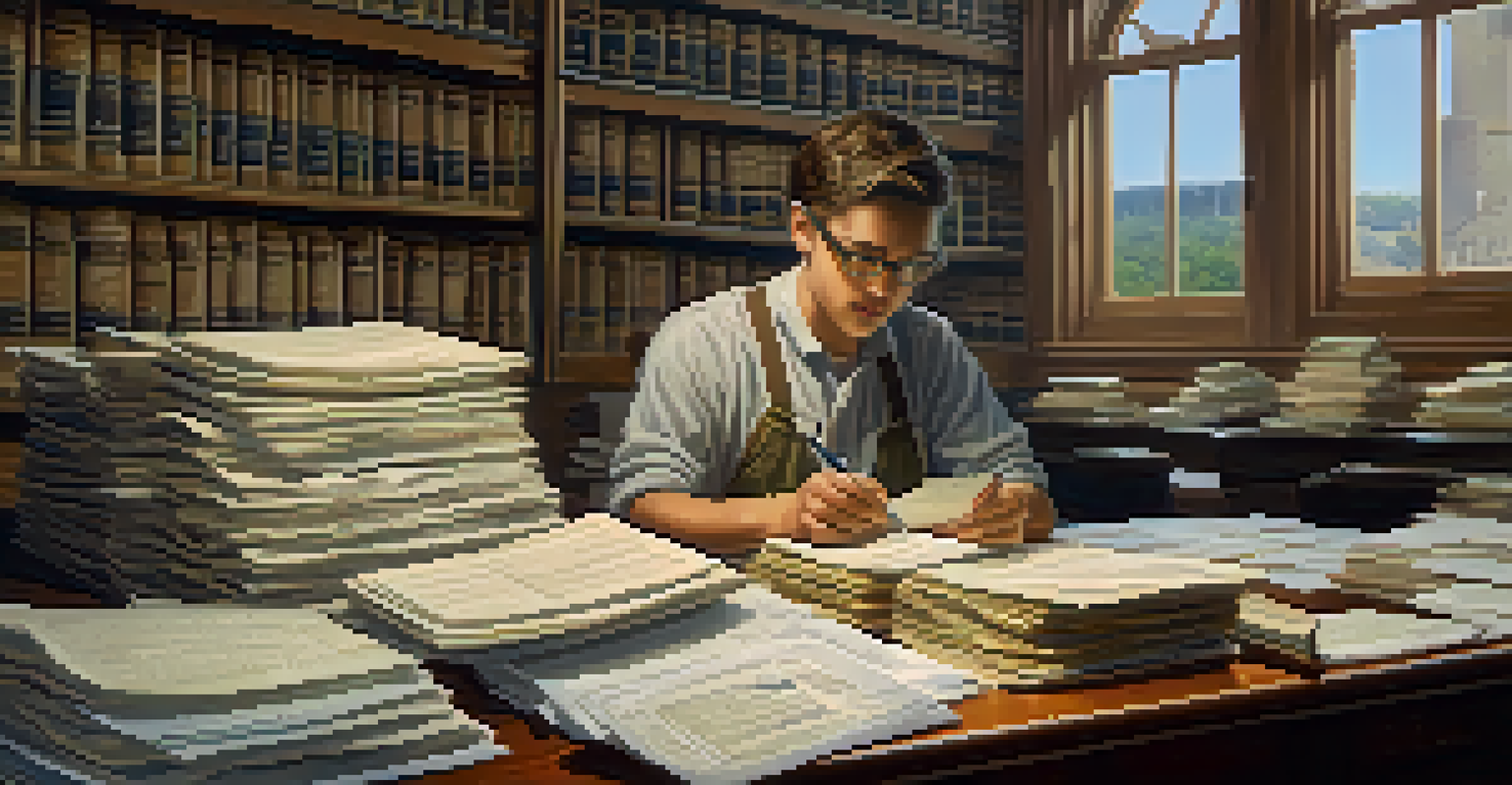 A volunteer organizing historical documents at a table with stacks of papers and a laptop, illuminated by soft daylight.