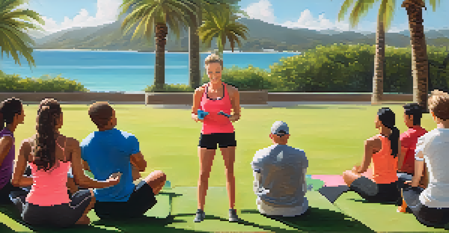 A fitness trainer demonstrating push-ups to a group in a sunny outdoor setting with palm trees.