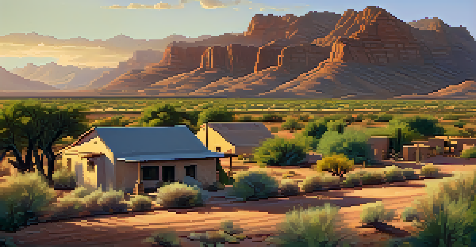 A peaceful landscape of the Salt River Pima-Maricopa Indian Community with adobe homes, mountains, and green fields during golden hour.