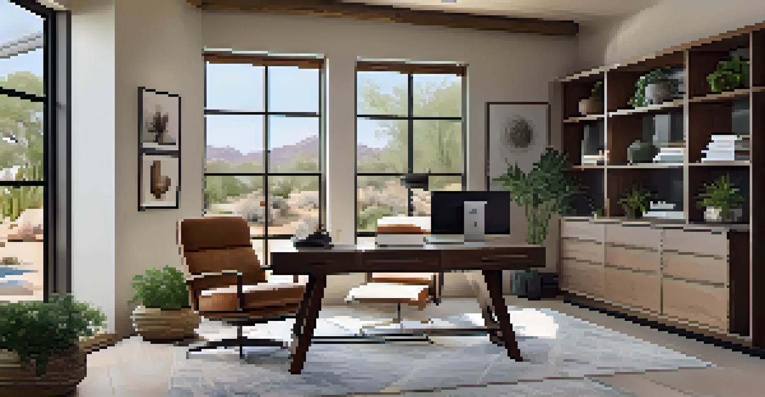 A bright and modern home office designed for remote work, with large windows and stylish decor.