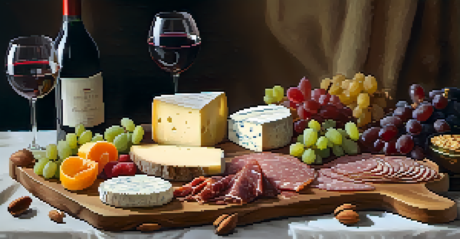 A close-up view of a charcuterie board with cheeses, meats, and fruits next to a glass of red wine on a wooden table.