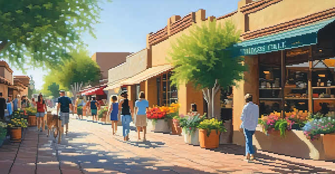 A busy street in Scottsdale's Old Town featuring historic adobe buildings, art galleries, and colorful flowers, with warm sunlight illuminating the scene.