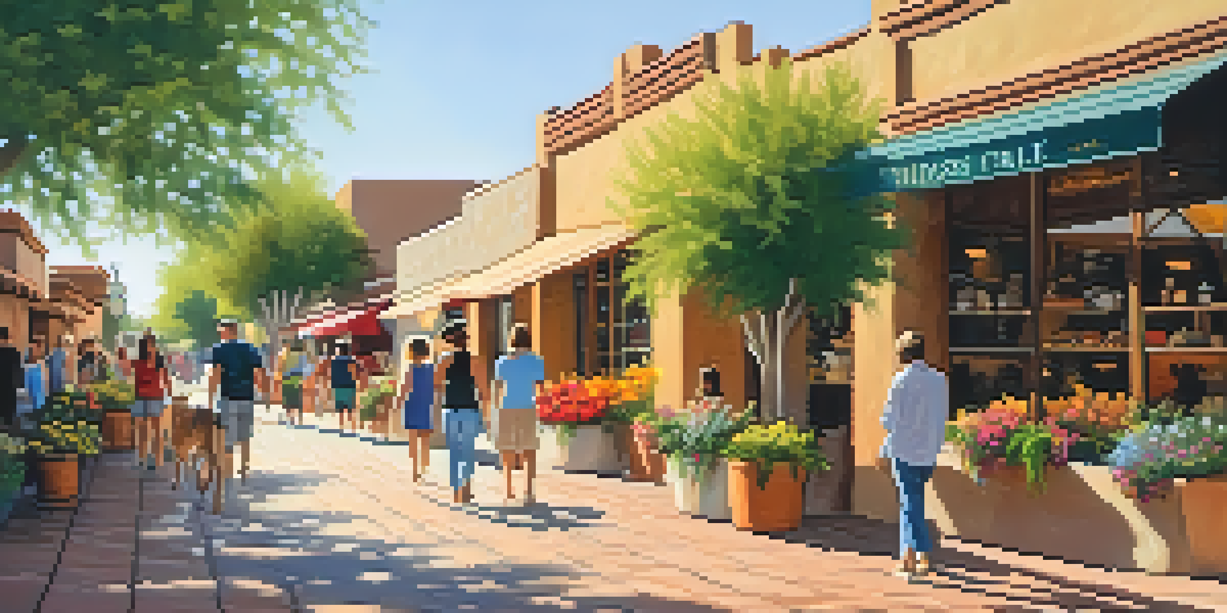 A busy street in Scottsdale's Old Town featuring historic adobe buildings, art galleries, and colorful flowers, with warm sunlight illuminating the scene.