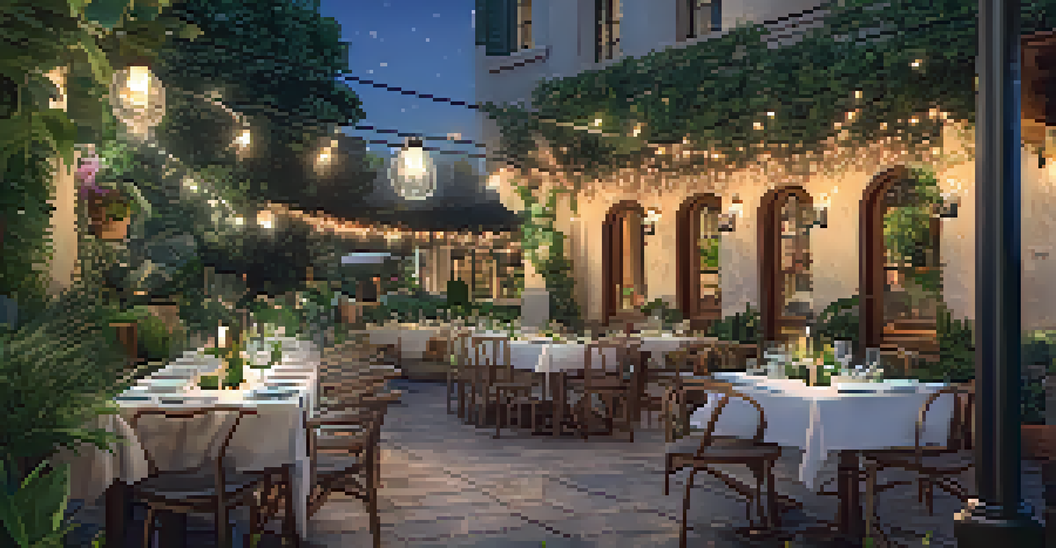 An outdoor dining setup at Olive & Ivy with a Mediterranean meal, surrounded by greenery and fairy lights.