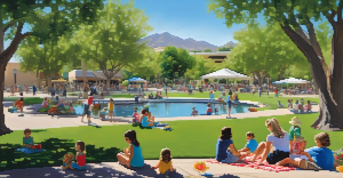 A sunny day at Scottsdale Civic Center Park with families picnicking, children playing in the splash pad, and vibrant flowers and greenery in the background.
