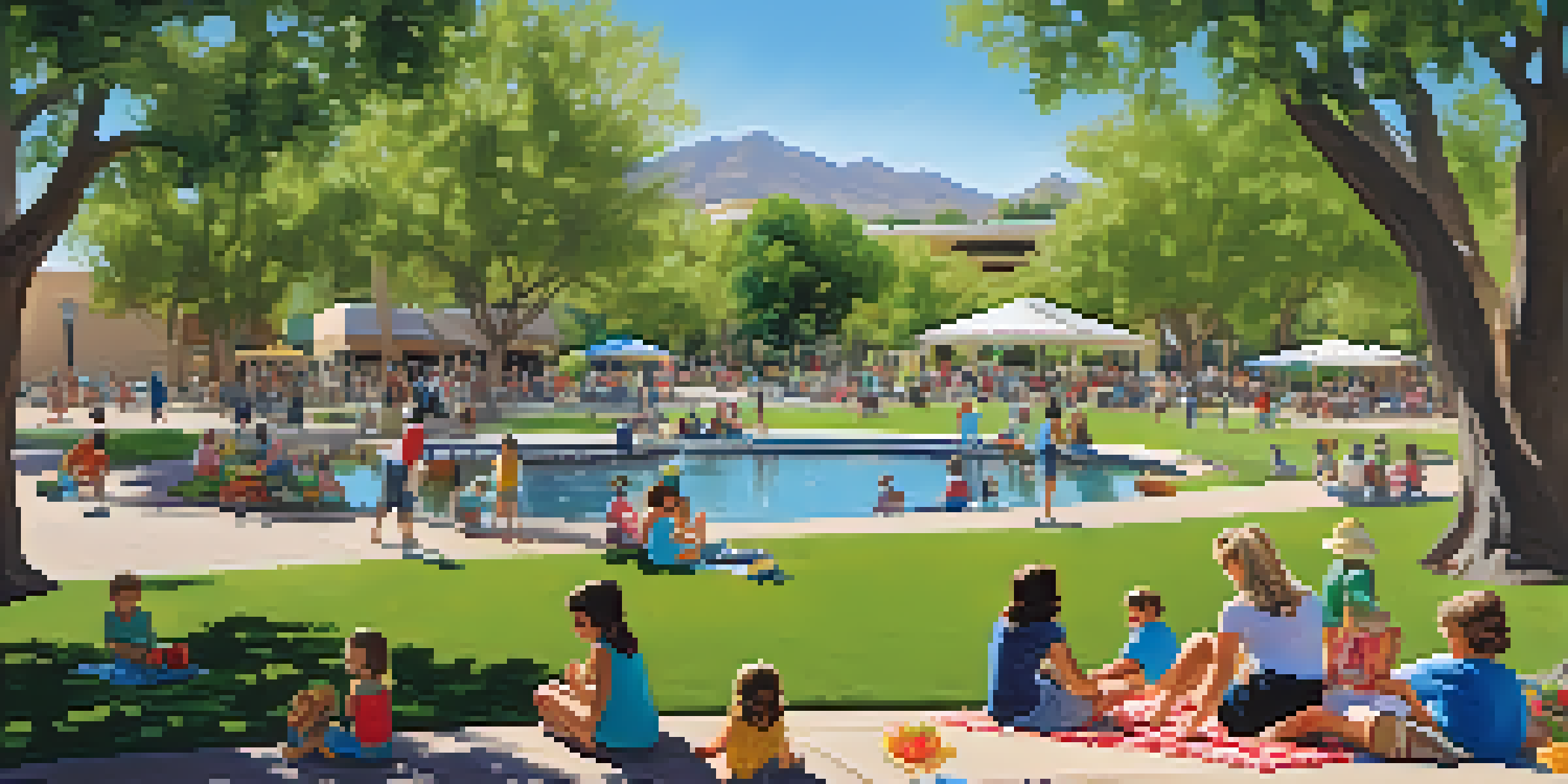 A sunny day at Scottsdale Civic Center Park with families picnicking, children playing in the splash pad, and vibrant flowers and greenery in the background.