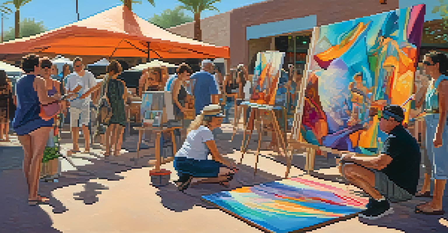 An artist painting during the Scottsdale Art Walk, with a group of interested spectators observing her work amidst colorful art displays.