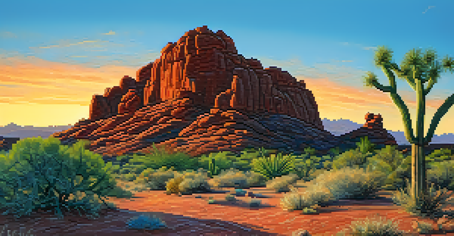 A panoramic view of red rock formations at Papago Park during sunset, with desert flora and a glimpse of downtown Scottsdale.