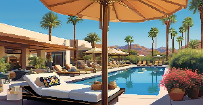 A couple relaxing by a luxury resort pool with a small dog lounging nearby under the sun.