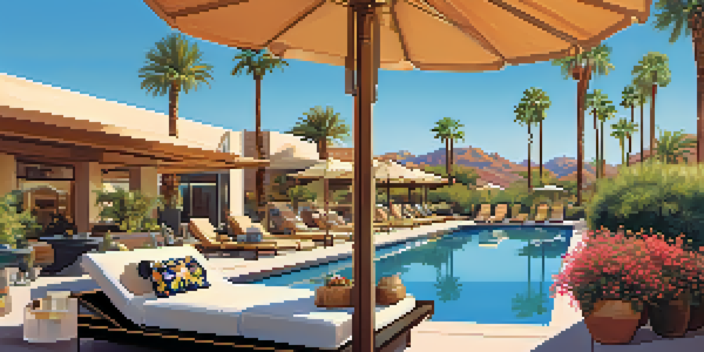 A couple relaxing by a luxury resort pool with a small dog lounging nearby under the sun.