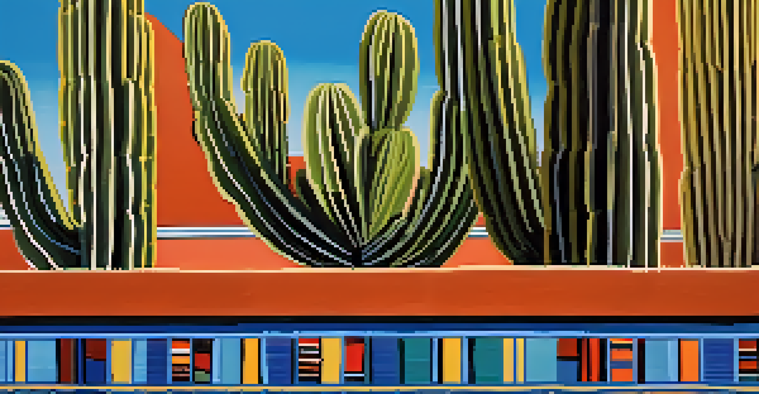 Close-up of the colorful architectural details of the Saguaro Scottsdale, showcasing adobe-style elements and desert plants.