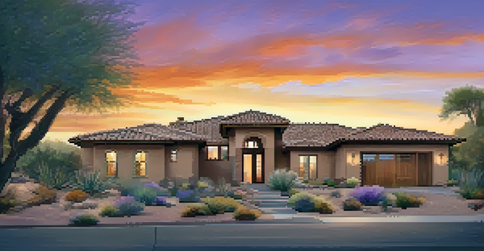 A ranch-style home in the desert with large windows and a covered patio, surrounded by native plants during sunset.