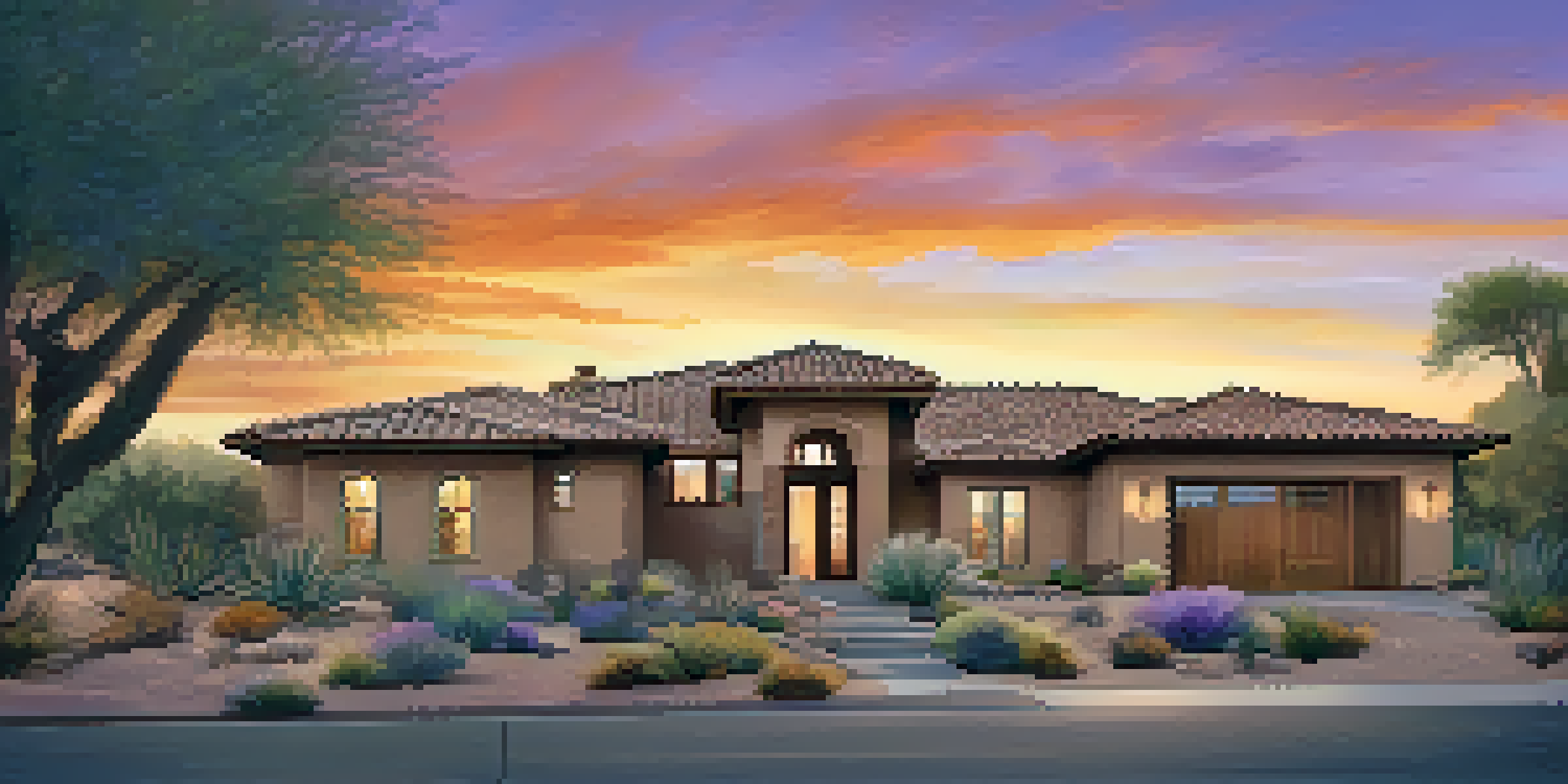 A ranch-style home in the desert with large windows and a covered patio, surrounded by native plants during sunset.