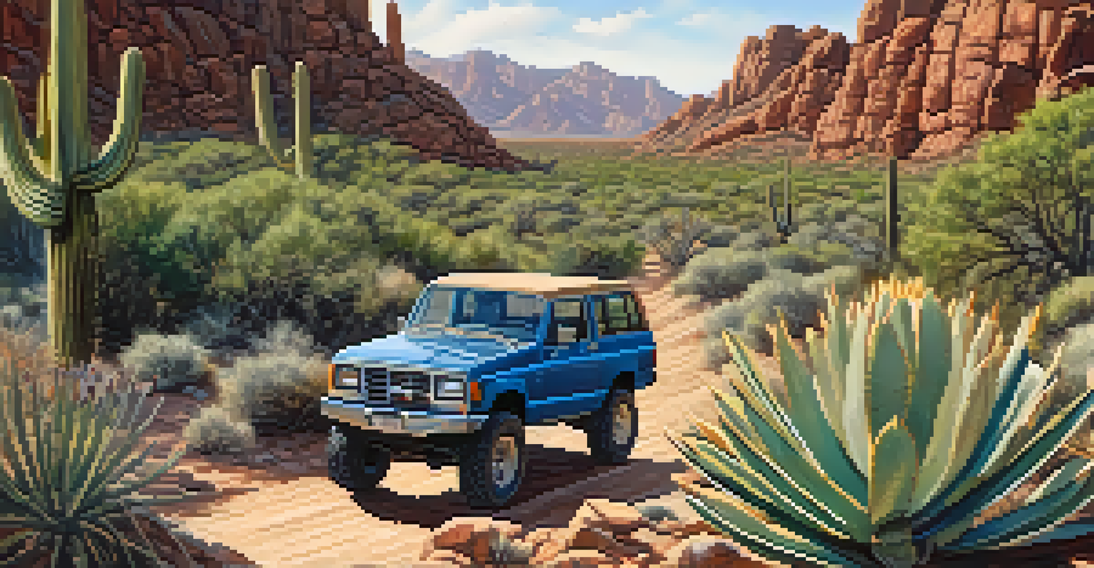 A 4x4 truck maneuvering through a rocky trail in a desert landscape, surrounded by cacti and sunlight.