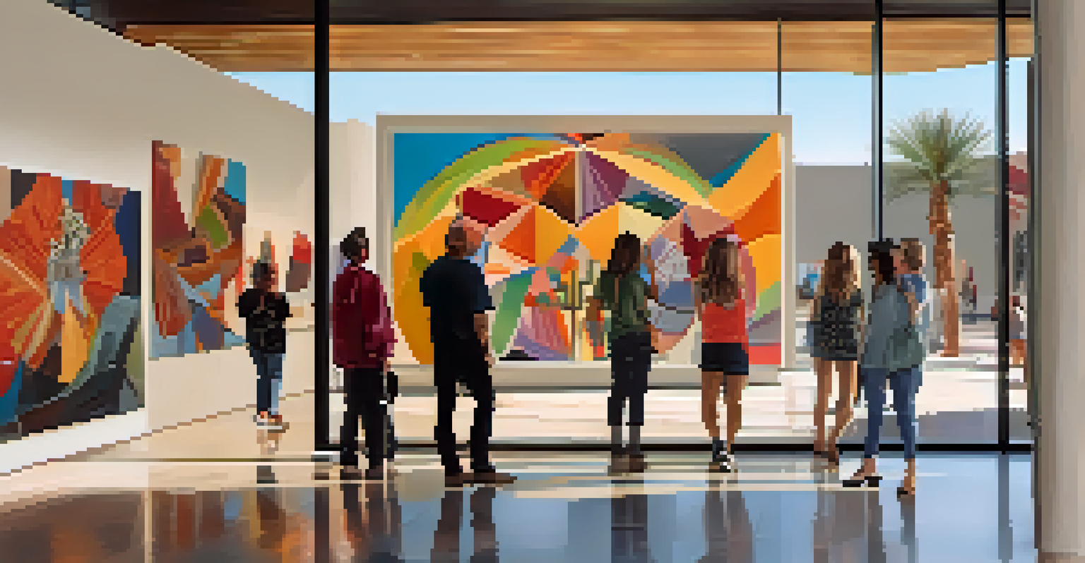 A modern art gallery in Scottsdale showcasing diverse artworks and visitors discussing art pieces in a bright, spacious setting.