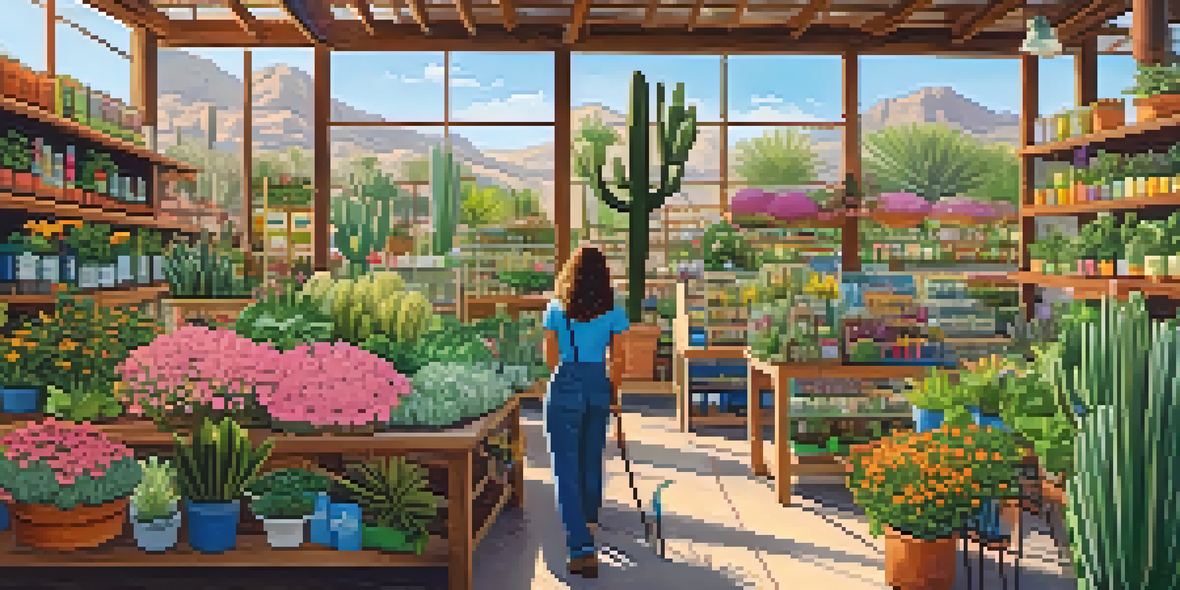 A local garden center filled with various organic gardening supplies, bright plants, and a staff member helping a customer.