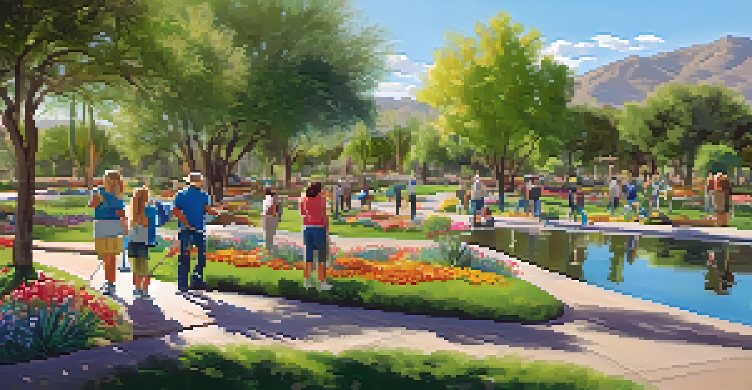 A sunny park in Scottsdale with volunteers cleaning up litter and planting flowers, surrounded by greenery and vibrant flowers.
