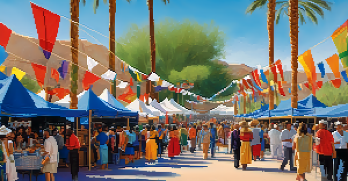 A lively cultural festival in Scottsdale featuring colorful booths, people enjoying food, and traditional dancers performing.