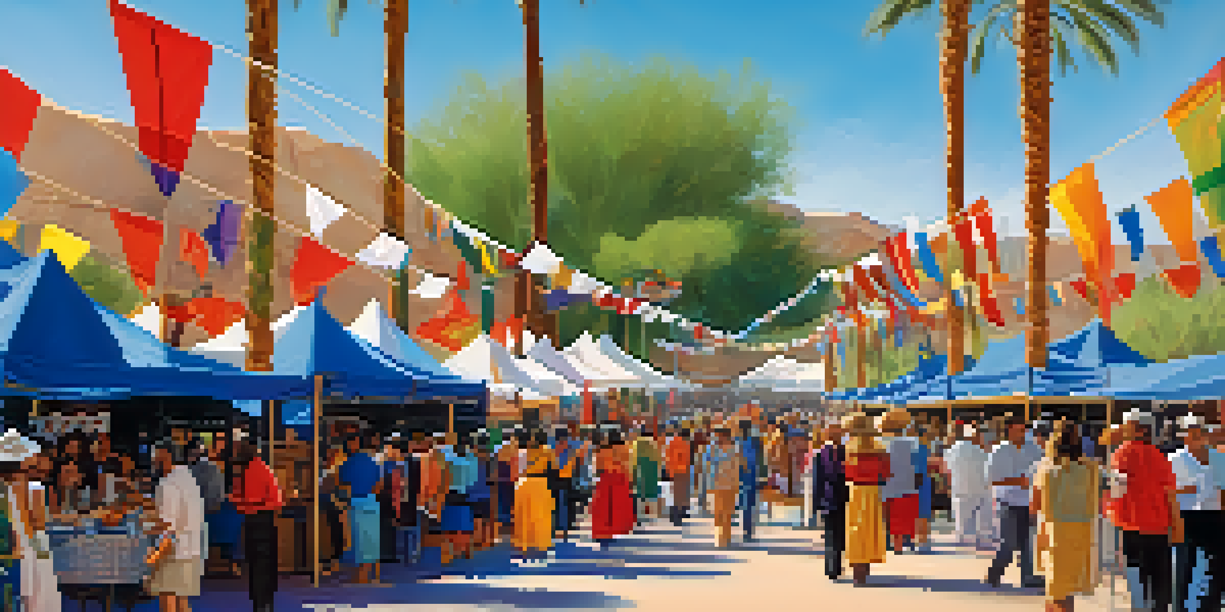 A lively cultural festival in Scottsdale featuring colorful booths, people enjoying food, and traditional dancers performing.