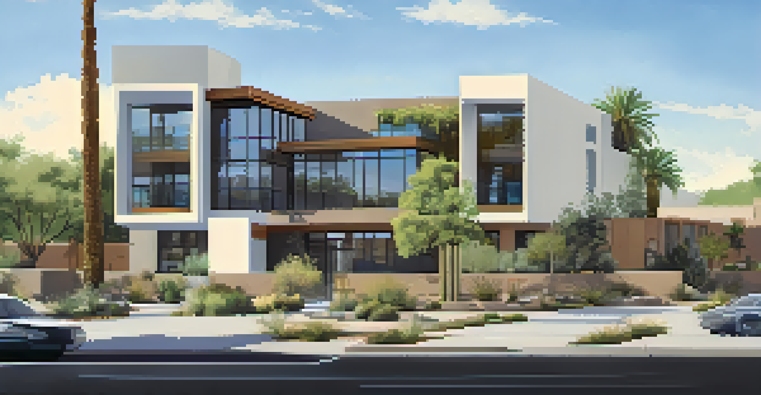 A modern building next to a historic district in Scottsdale, showcasing a blend of contemporary architecture with traditional design elements and greenery.