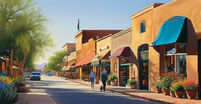 A beautiful street scene in Old Town Scottsdale showcasing adobe-style buildings, art galleries, and blooming flowers under a warm sunset light.