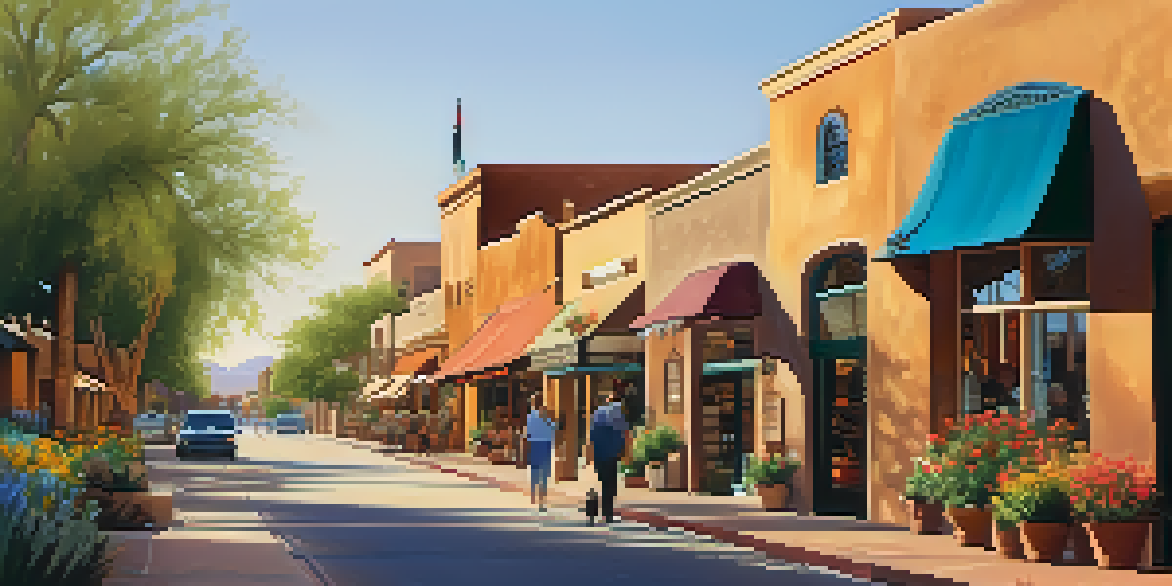 A beautiful street scene in Old Town Scottsdale showcasing adobe-style buildings, art galleries, and blooming flowers under a warm sunset light.