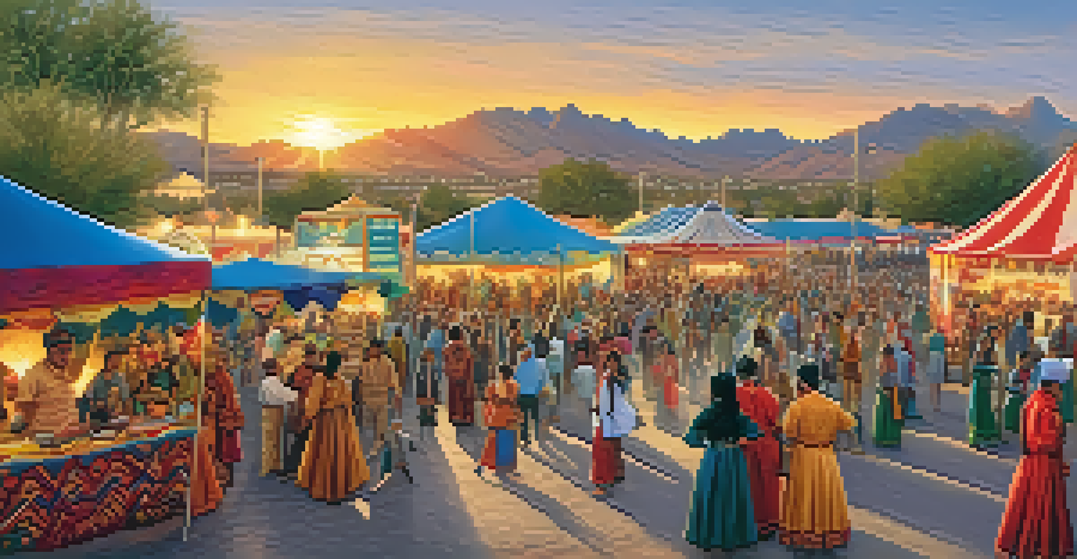 A vibrant cultural festival in Scottsdale with local artists, historical reenactors, and attendees enjoying various activities under colorful canopies at sunset.