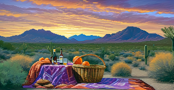 A scenic view of McDowell Mountain Scenic Drive at sunset, with mountains, blooming flora, and a picnic setup in the foreground.