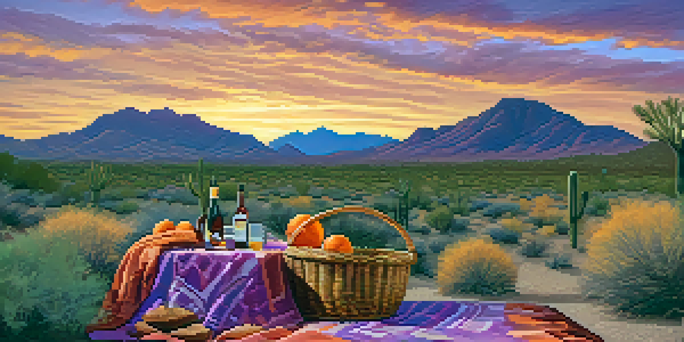 A scenic view of McDowell Mountain Scenic Drive at sunset, with mountains, blooming flora, and a picnic setup in the foreground.