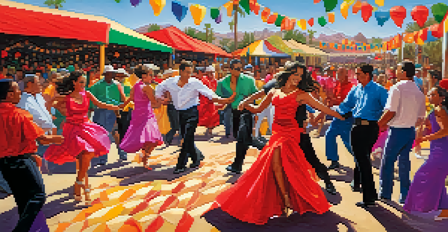 Dancers in colorful costumes performing salsa at a lively festival, with a vibrant crowd and food stalls in the background, creating a festive atmosphere.