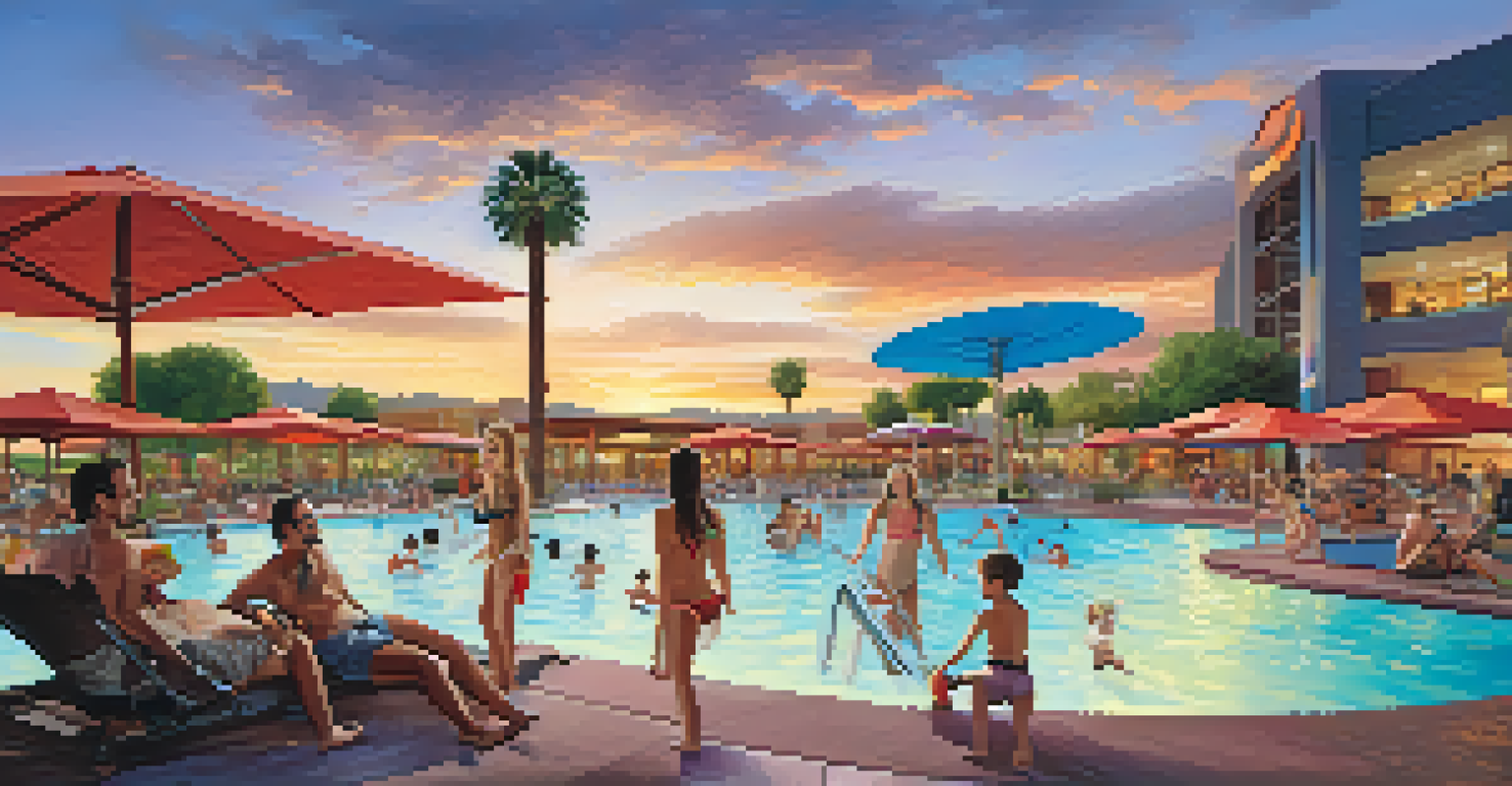 Families enjoying the pool complex at Talking Stick Resort, with children on a waterslide and adults relaxing under umbrellas, all under a beautiful sunset.