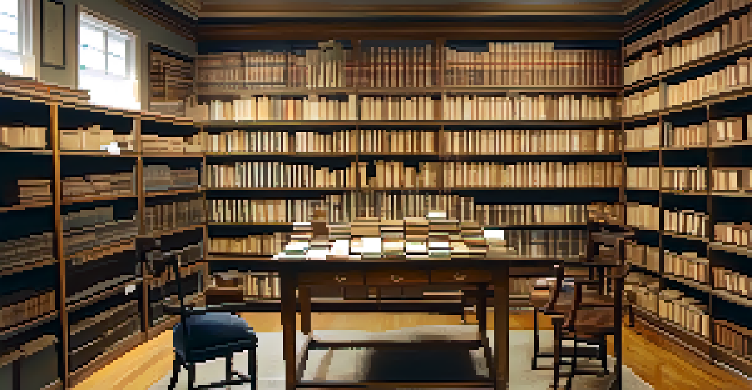 A cozy archive room in a historical society filled with shelves of old photographs, letters, and artifacts, featuring warm lighting and a table with open books and a magnifying glass.