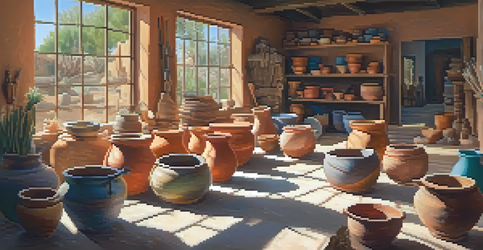 An artisan workshop with local artists making pottery, surrounded by colorful clay pots and tools, with sunlight illuminating the room.