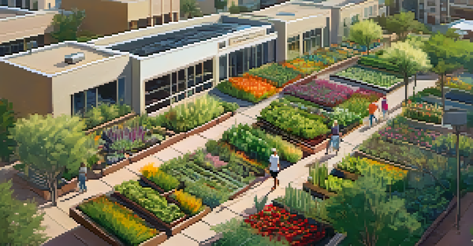 Aerial view of an urban garden in Scottsdale with organized vegetable plots and people attending a gardening workshop.