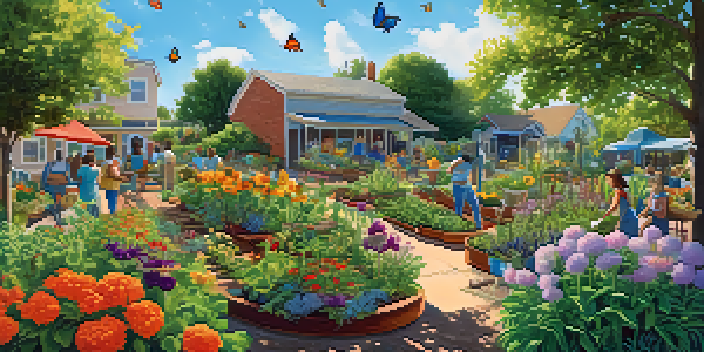 A diverse group of neighbors working together in a colorful community garden with flowers and vegetables under a sunny sky.