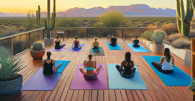 A diverse group of people practicing yoga at sunrise on a deck with a desert landscape in the background.