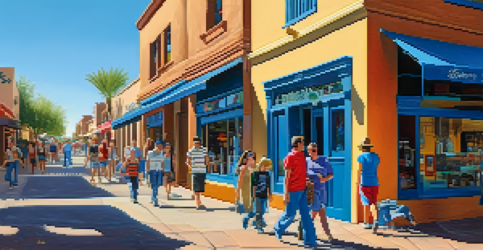 Families walking through Old Town Scottsdale with colorful murals and historic buildings.