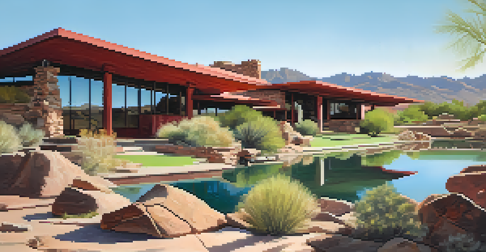 A view of Taliesin West with its organic architecture set against the Arizona desert, featuring cantilevered roofs and surrounding desert plants.