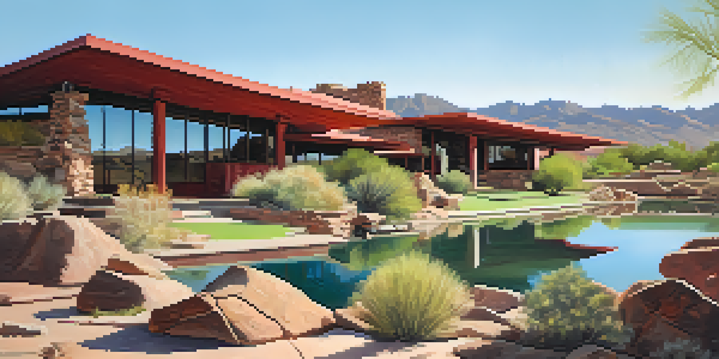 A view of Taliesin West with its organic architecture set against the Arizona desert, featuring cantilevered roofs and surrounding desert plants.