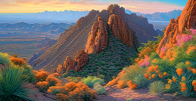 Climbers on Camelback Mountain at sunset, with a colorful sky and desert plants in the foreground.